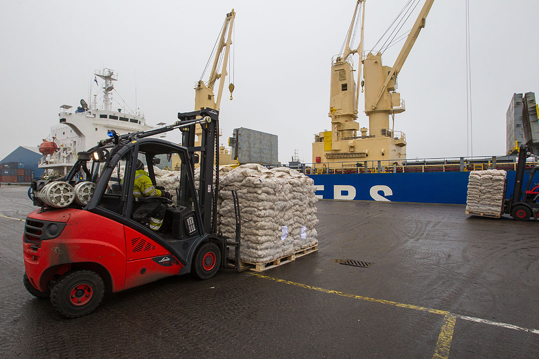 Uien en aardappelen worden in de haven van Vlissingen geladen voor export naar Senegal. - Foto: Peter Roek