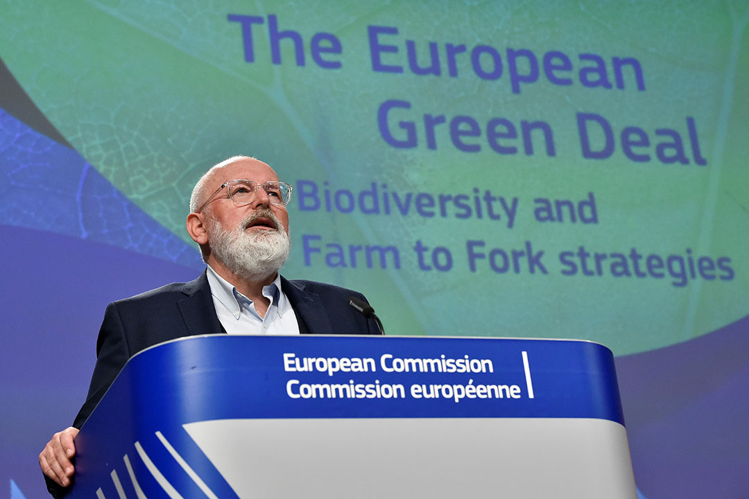 Vice-voorzitter van de Europese Commissie Frans Timmermans houdt een toespraak over de Europese Green Deal en de Farm-to-Forkstrategie (Boer tot Bord) op 20 mei 2020 op het EU-hoofdkantoor in Brussel.- Foto: ANP