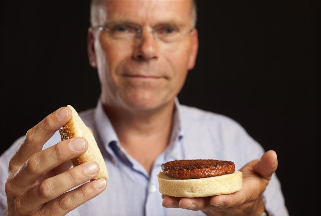 Professor Mark Post van Maastricht Universiteit presenteerde in 2013 een hamburger gemaakt van kweekvlees. - Foto: ANP