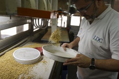 Een medewerker van Louis Dreyfus Company analyseert sojabonen. Het bedrijf wil deelnemen aan de snelgroeiende markt voor plantaardige voedingsmiddelen - Foto: ANP/AFP