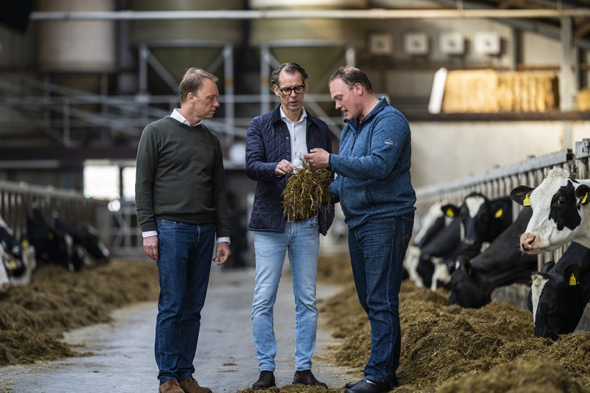 Van links naar rechts: Hein Schumacher (CEO FrieslandCampina), Dimitri de Vreeze (co-CEO DSM) en melkveehouder Richard Korrel (Boerderij Polderzicht). Foto: RFC