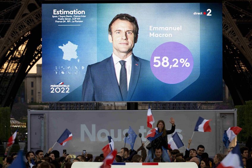 Macron is zondag met ruim 58% van de stemmen herkozen als president, de eerste in 20 jaar die een tweede termijn van de kiezers krijgt. Foto: ANP